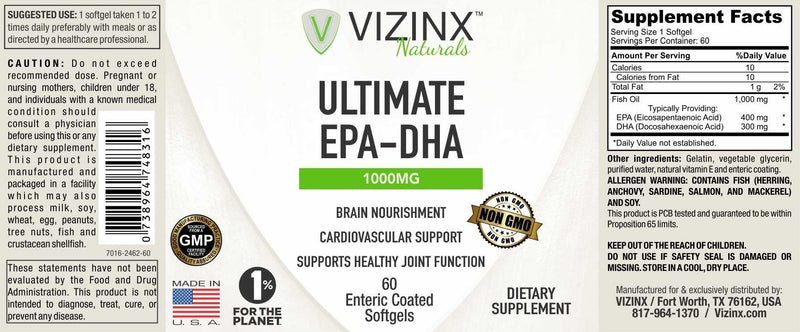 VIZINX Ultimate EPA-DHA 1000 MG - Purified Fish Oil, Molecularly Distilled and Enteric Coated, Essential for Brain Function, Cardiovascular Health and Joint Mobility Support. 60 Softgels