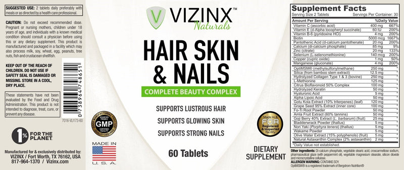 VIZINX Hair Skin & Nails 60 Tablets- This Beauty Complex Supports Lustrous Hair, Glowing Skin & Strong Nails. Includes 5000 mcg Biotin, Hydrolyzed Collagen, Silica, Hyaluronic Acid and More