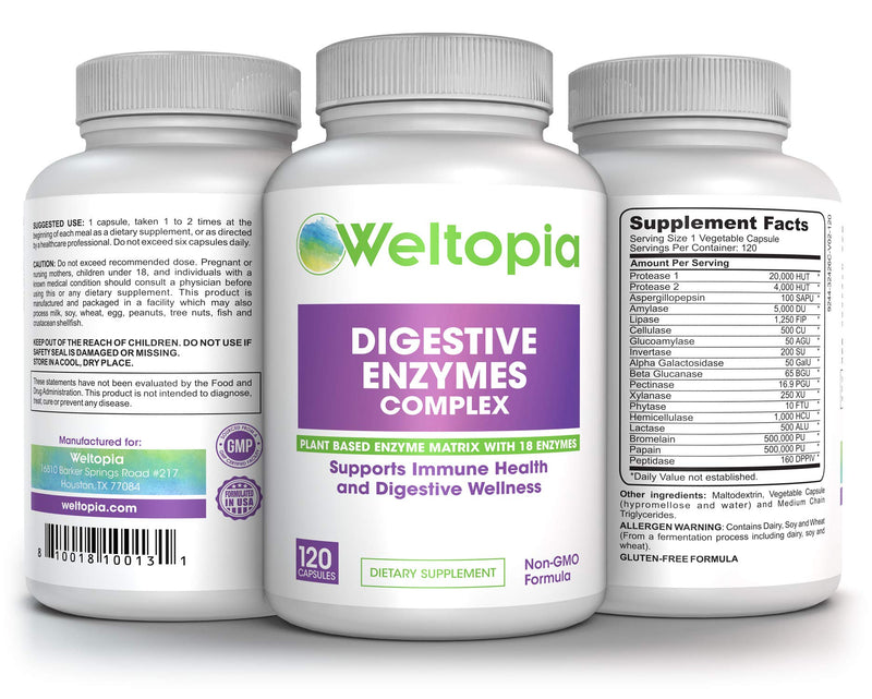 Weltopia - Digestive Enzymes Complex - Digest Enzyme Matrix with 18 Enzymes for Digestive Health, Bloating, Indigestion, Gas. Supports General Immunity and Digestive Wellness