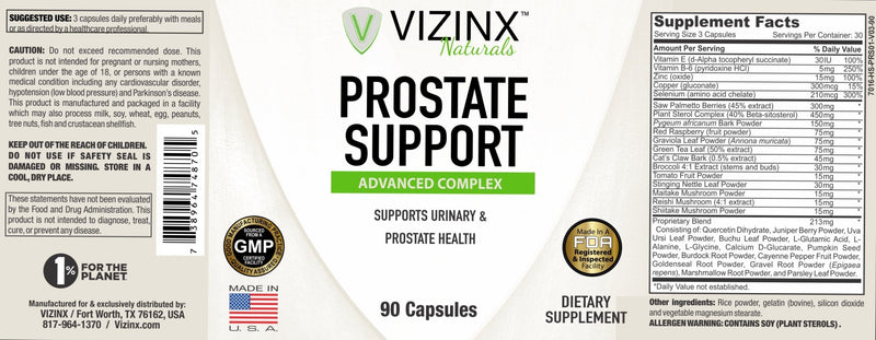 VIZINX Prostate Support Advanced Complex - 90 CAPS Supports Urinary Function and Prostate Health