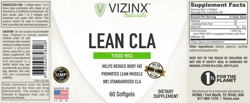 Vizinx Lean CLA 1000 MG 60 Softgels, Non-GMO Clinically Proven to Help Reduce Body Fat While Increasing Lean Tissue. 80% conjugated linoleic Acid from Safflower Oil.