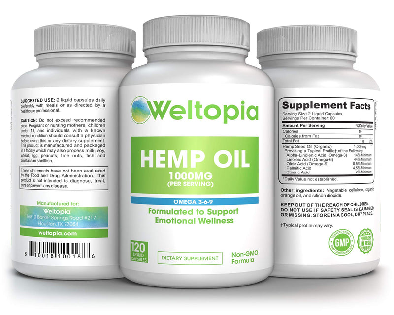 Weltopia - Hemp Oil 1000MG - Premium Organic Hemp Oil Extract Capsules - Reduce Pain, Anxiety, and Stress - All Natural Omega 3, 6, 9 - Brain Boost Supplement, Memory, Focus, Clarity - for Great Sleep