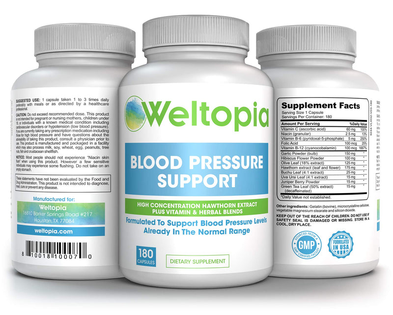 Weltopia - Advanced Blood Pressure Support - 180 Caps - High Concentration Hawthorne Extract, Plus Vitamins, Olive Leaf, Garlic Extract & Hibiscus Supplement