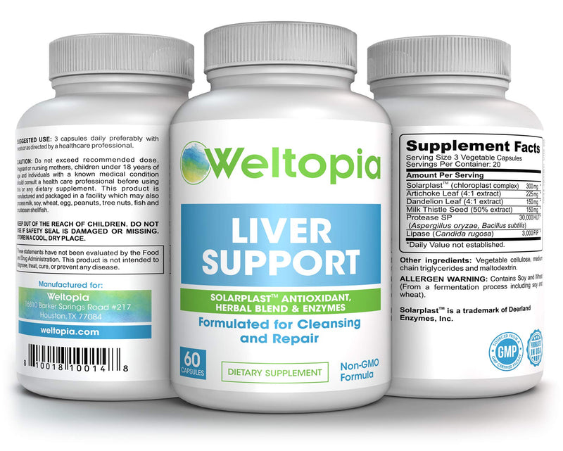 Weltopia - Liver Support for Cleanse, Detox & Regenerator - Solarplast antioxidant, Milk Thistle (Silymarin), Artichoke, Dandelion & Proteolytic Enzymes Supplement