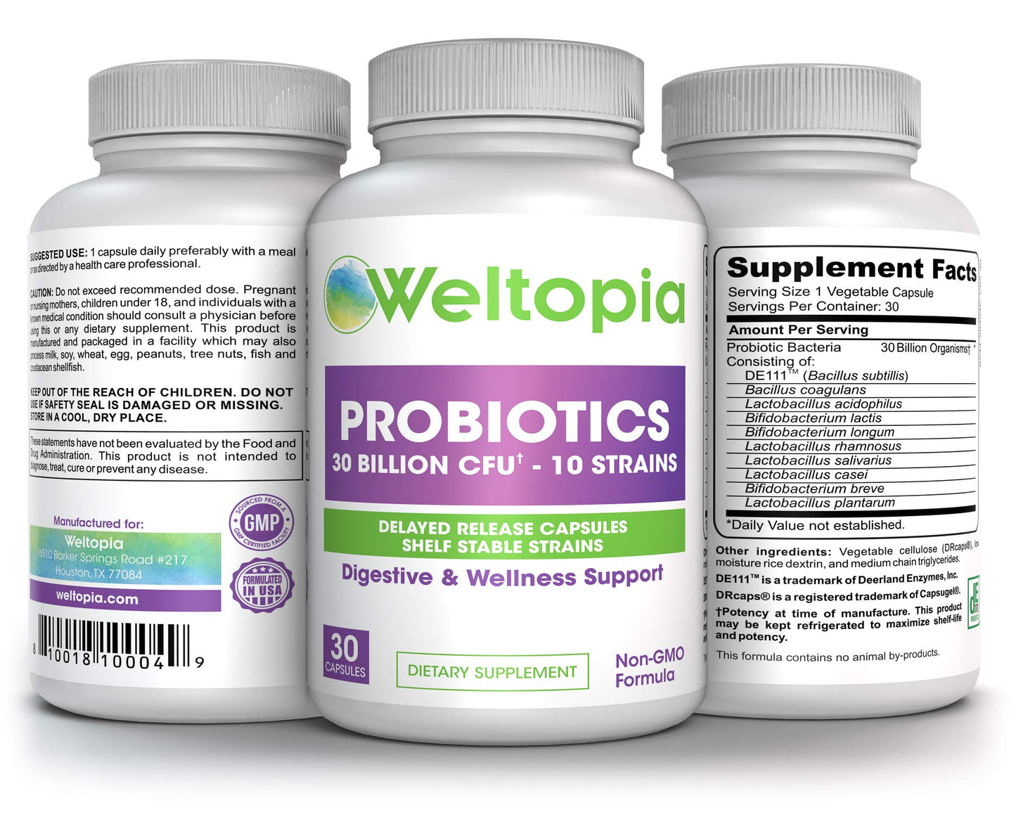 Shelf Stable Probiotics - 30 Billion - 10 Strains - Delayed Release & Spore Forming Strains - Includes prebiotics. 30 Days Supply.