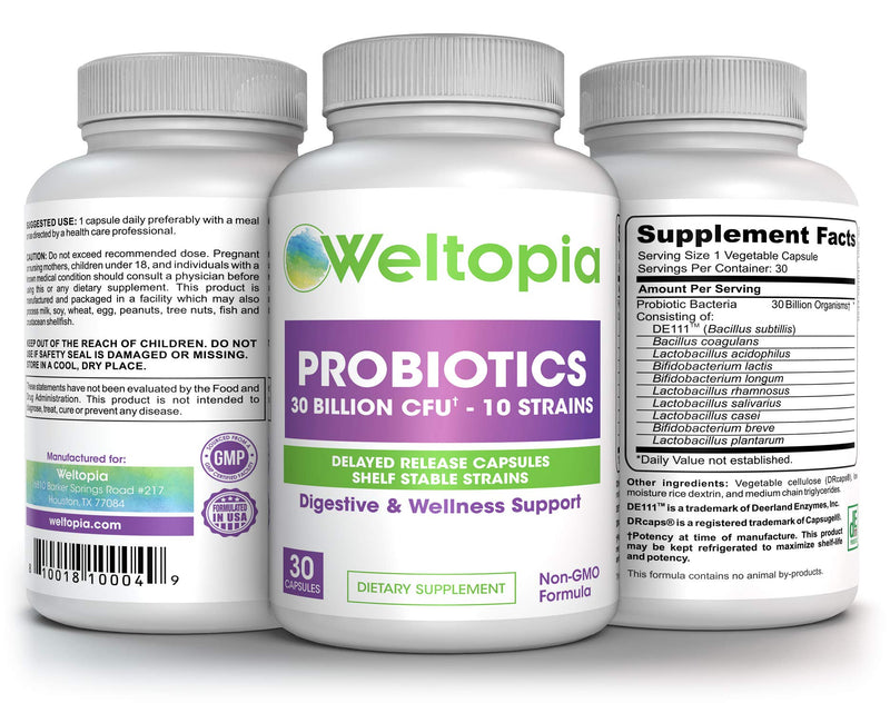 Weltopia -Shelf Stable Probiotics - 30 Billion - 10 Strains - Delayed Release & Spore Forming Strains - Includes prebiotics. 30 Days Supply.