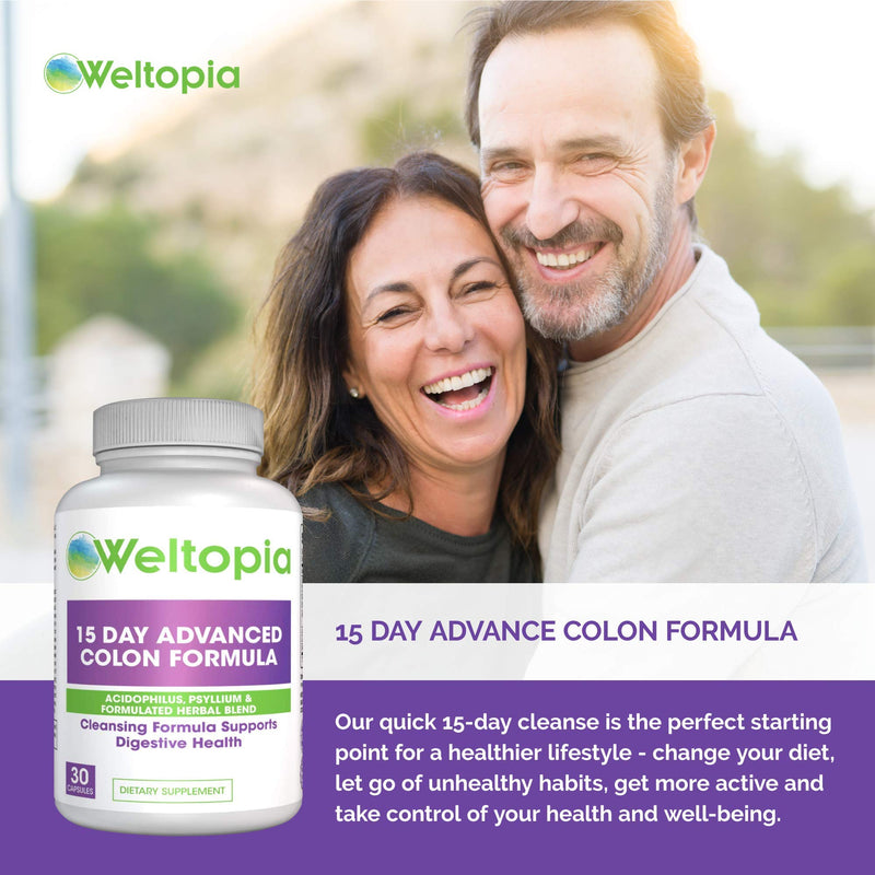 Weltopia - 15 Day Advance Colon Cleanse Formula with Probiotic - to Support Detox, Digestive Health, Weight Loss & Increased Energy Levels - Contains Acidophilus, Fiber, Aloe, Cascara Sagrada, Senna l