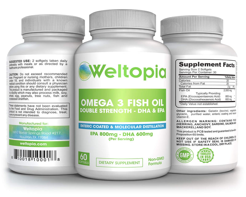 Weltopia - Omega 3 DHA EPA - Fish Oil -Advanced Strength, Burpless - Enteric Coated, Non-GMO, NSF-Certified, Wild Caught Fish