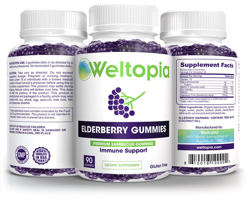 Weltopia - Elderberry Immune Gummies with Vitamin C, Propolis, Echinacea - Max Strength 200MG for Kids and Adults