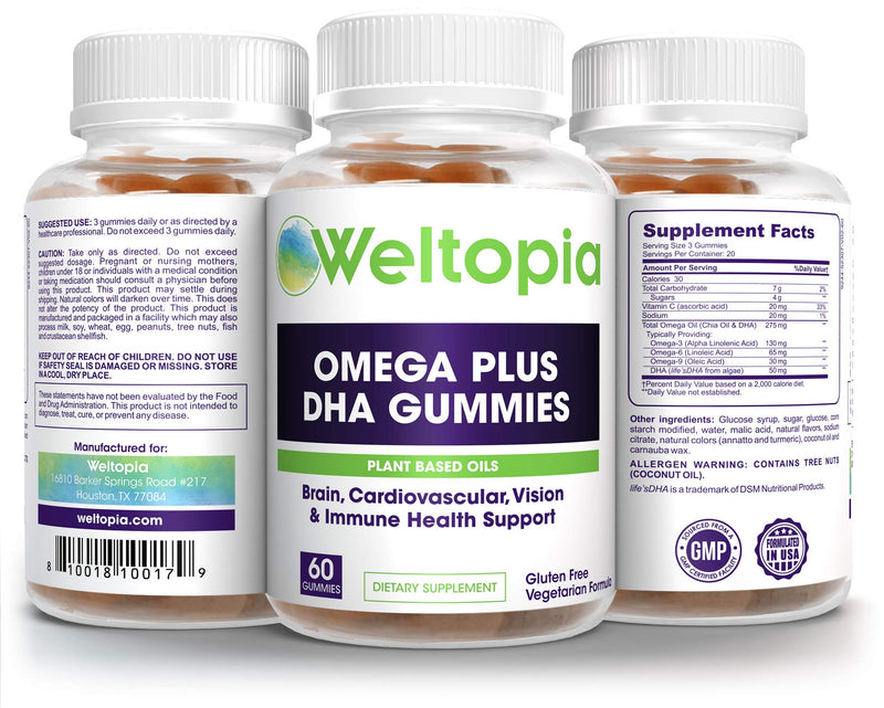 Weltopia - Premium Omega Plus DHA - 60 Gummies - Brain and Cardiovascular Support, Vision and Immune Health, Pure Plant Based Oils, Non-GMO Gummies