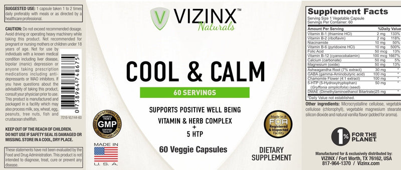 VIZINX Cool & Calm 60 Veggie Caps - Supports Positive Well Being Includes 5 HTP