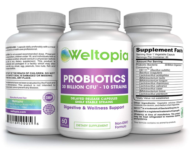 Weltopia -Shelf Stable Probiotics - 30 Billion - 10 Strains - Delayed Release & Spore Forming Strains - Includes prebiotics. 60 Days Supply