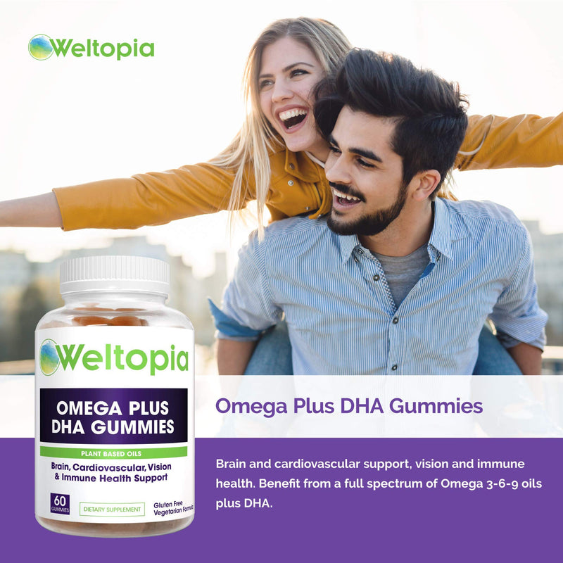 Weltopia - Premium Omega Plus DHA - 60 Gummies - Brain and Cardiovascular Support, Vision and Immune Health, Pure Plant Based Oils, Non-GMO Gummies