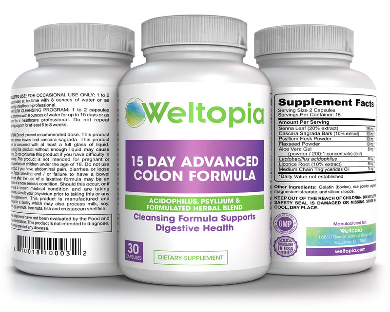 Weltopia - 15 Day Advance Colon Cleanse Formula with Probiotic - to Support Detox, Digestive Health, Weight Loss & Increased Energy Levels - Contains Acidophilus, Fiber, Aloe, Cascara Sagrada, Senna l