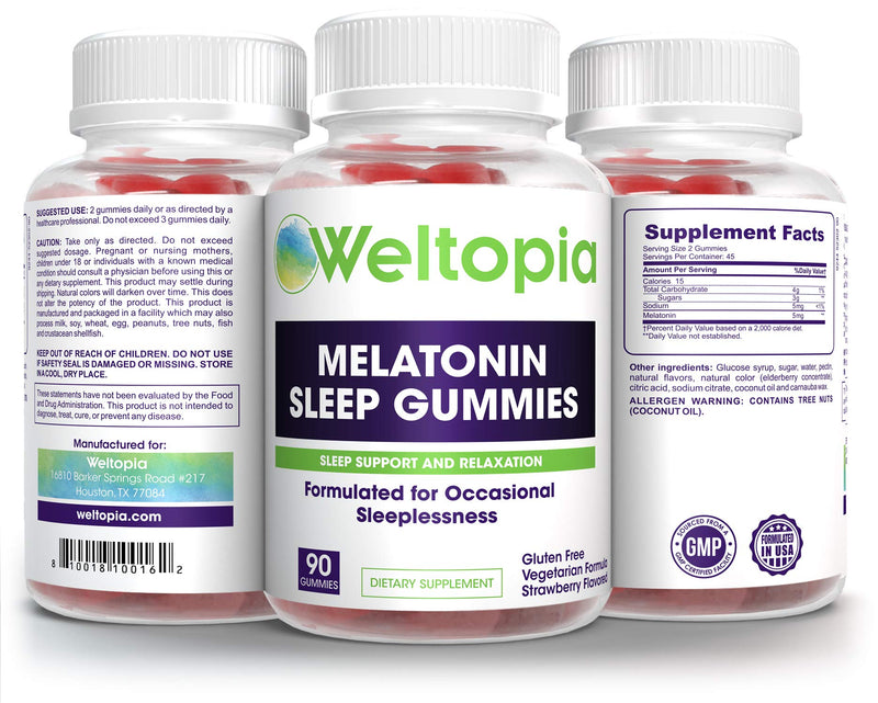 Weltopia - Premium Melatonin Sleep Gummies - Kids and Adults Sleep Aid - 5mg Per Serving - 90 Gluten Free Gummies - Strawberry Flavored - for Sleep Support and Relaxation