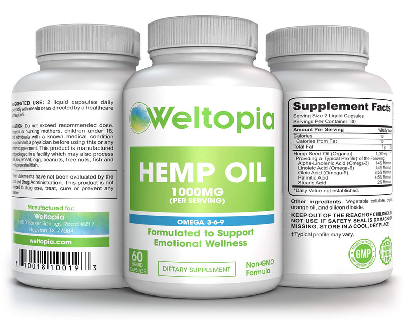 Weltopia - Hemp Oil 1000MG - Premium Organic Hemp Oil Extract Capsules - Reduce Pain, Anxiety, and Stress - All Natural Omega 3, 6, 9 - Brain Boost Supplement, Memory, Focus, Clarity - for Great Sleep