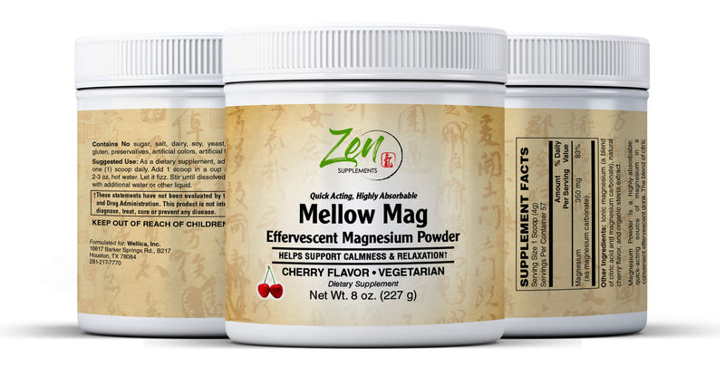 Zen Supplements - Mellow Mag-Cherry Flavor Magnesium Carbonate - Natural Aid to Support Constipation & Sleeping Difficulties, Promotes Anti-Stress, Calm & Regularity 8 Oz- Effervescent Powder