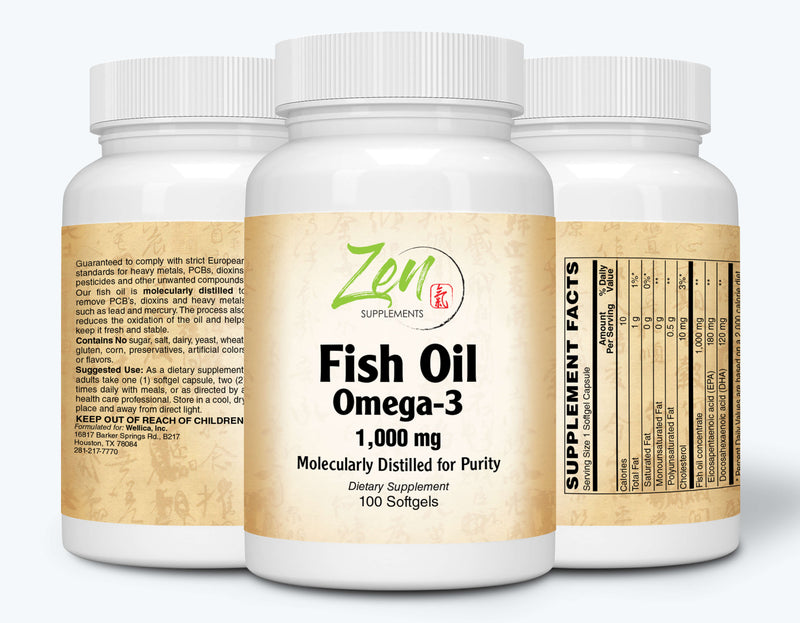 Zen Supplements - Omega-3 1000 Mg 100-Softgel - Wild Caught and Sustainably Sourced Omega-3 Burpless Fish Oil Supplement with 100Mg DHA & 180Mg EPA per Capsule - Supports Heart Health, Brain Development and General Wellness