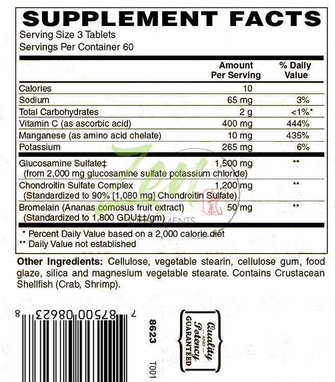 Zen Supplements - Glucosamine & Chondroitin Sulfate Plus - Supports Healthy Joint Structure, Mobility Function & Comfort 180-Tabs