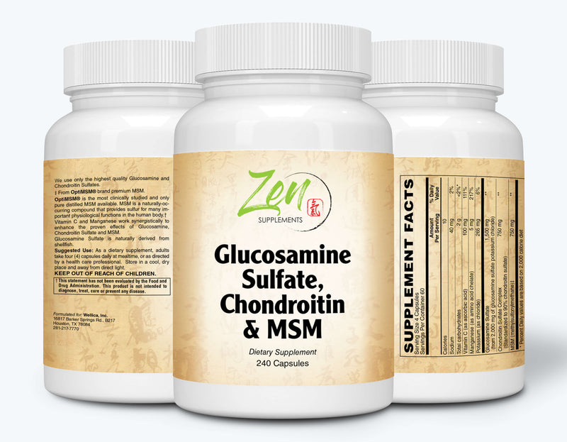 Zen Supplements - Glucosamine Chondroitin MSM - Supports Healthy Joint Structure, Mobility Function & Comfort (Shellfish Free) 240-Caps