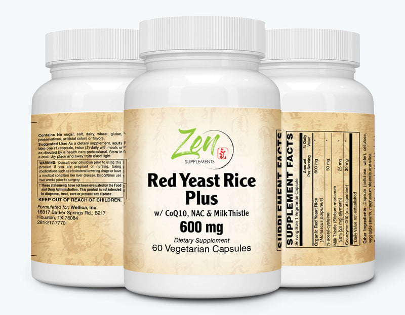 Zen Supplements - Red Yeast Rice W/CoQ10, NAC, & Milk Thistle - Supports Healthy Cholesterol Levels & Cardiovascular System. CoQ10, Milk Thistle & n-acetyl-cysteine are for Liver Support 60-Vegcaps