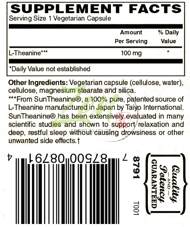 Zen Supplements - L-Theanine - Promotes Relaxation, Sleep & Mental Clarity associated with Stress 100 Mg 60-Vegcaps