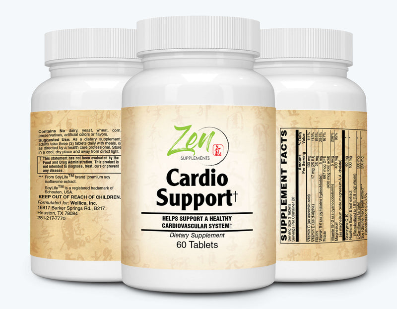 Zen Supplements - Cardio Support Plus Antioxidants, L-Carnitine, L-Taurine, with Coenzyme Q10, Hawthorn, Horsechestnut, Cayenne, Grape Seed and Vitamin E, Promotes a Healthy Heart 60-Tabs