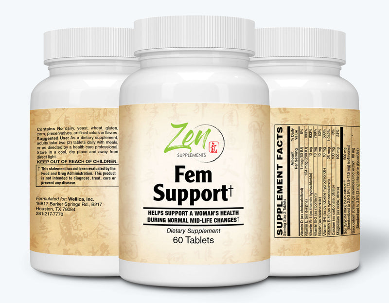 Zen Supplements - Fem Support With Black Cohosh, Soy Isoflavones, Red Clover Extract 60-Tabs - Supports Hormonal Balance for Women - Hot Flashes & Menopause Natural Support – Support for Hormonal Weight Gain, Night Sweats, Disturbed Sleep, Mood Swings