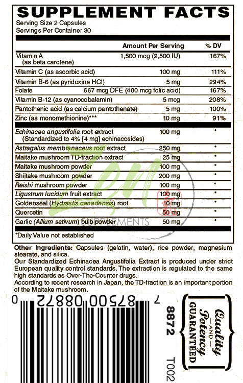 Zen Supplements - Immune System Support with echinacea, astragalus, L- OptiZinc®, 3 mushrooms, Quercetin, Goldenseal, & Ligustrum 60-Caps