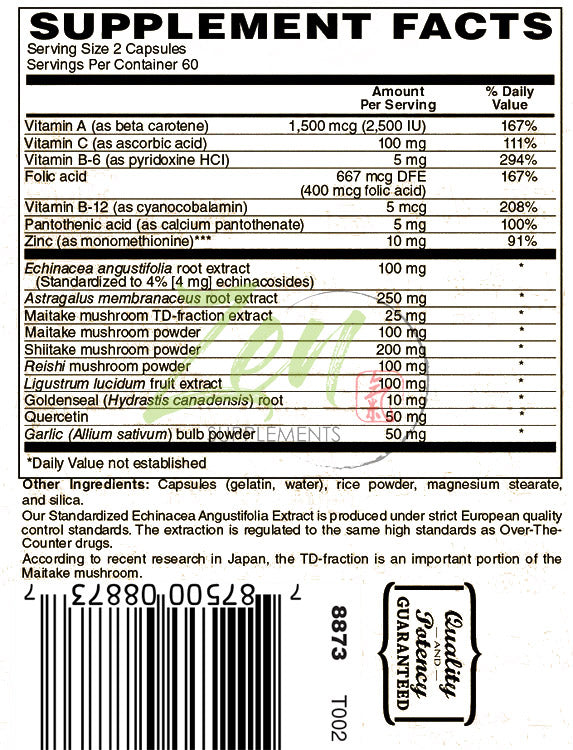 Zen Supplements - Immune System Support with Echinacea & Astragalus, L- OptiZinc®, Maitake, Shiitake and Reishi Mushrooms, Quercetin, Goldenseal, & Ligustrum 120-Caps