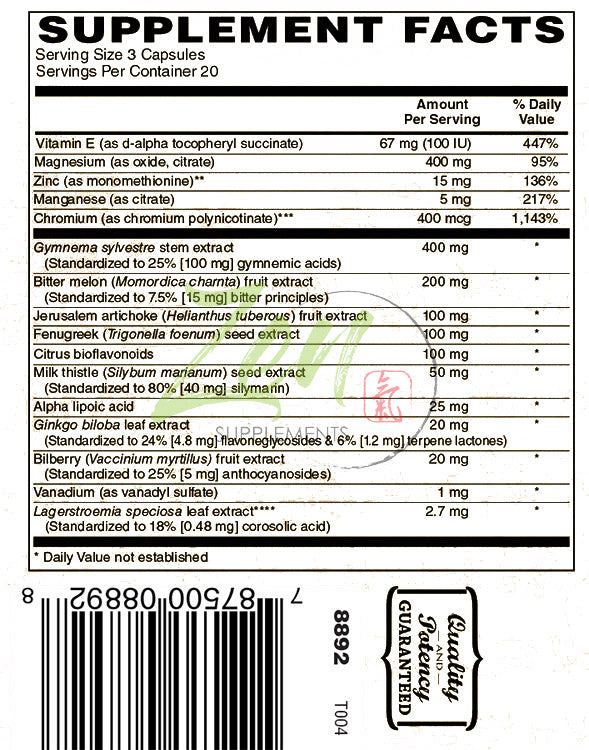 Zen Supplements - Glucose Support with ChromeMate®, GlucoHelp®, Vanadyl, & Herbs: Ginkgo Biloba, Bilberry, Gymnema, Milk Thistle, Artichoke & Fenugreek 60-Caps