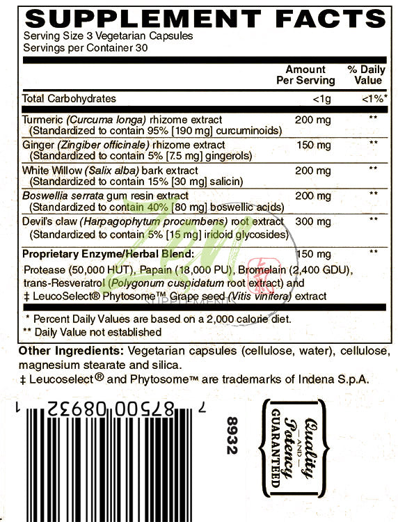 Inflammove Enzyme and Herbal Blend contains Turmeric, Boswellia, Ginger, White Willow & Devil's Claw90-Vegcaps