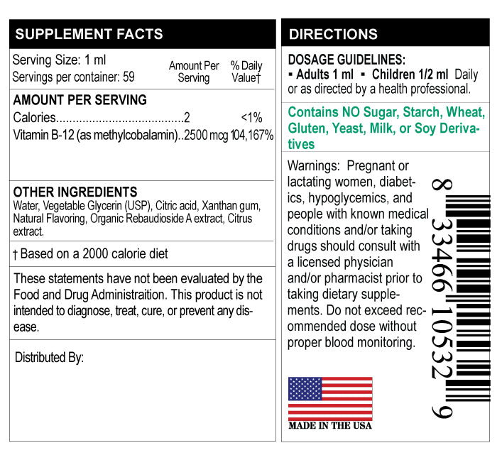 Vitamin B12 (Methylcobalamin) 2 fl. oz. Wild-Berry Flavor (Vegan)  (60 Day Supply)